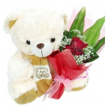 3 Red Roses & White Teddy Bear Delivery To Philippines