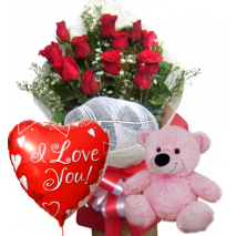 12 Red Rose bouquet,Pink Bear with Love u Balloon To Philippines