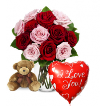 12 Red & Pink Rose vase,Brown Bear with Love U Balloon To Philippines