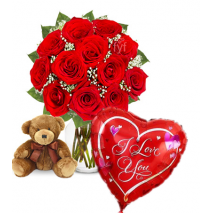 12 Red Rose vase,small Brown bear with Love u BalloonTo Philippines