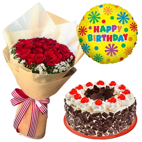 roses bouquet with cake and balloon send philippines