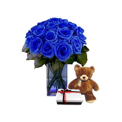 Blue Roses w/ Bear & Chocolate Delivery To Philippines