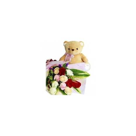 12 Mixed Roses & Teddy Bear Delivery To Philippines