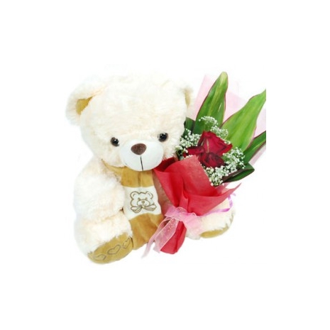 3 Red Roses & White Teddy Bear Delivery To Philippines