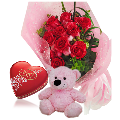 Red Rose bouquet ,Pink Bear with Lindt Chocolate To Philippines