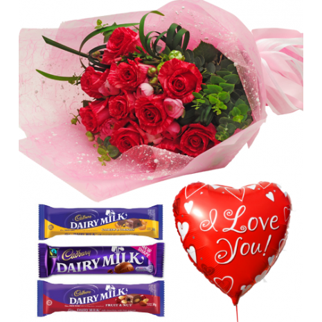 Red Roses,Cadbury Assorted Bars with Love U Balloon To Philippines