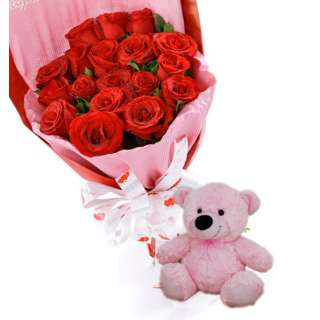 24 Red Roses with small Bear Send To Philippines
