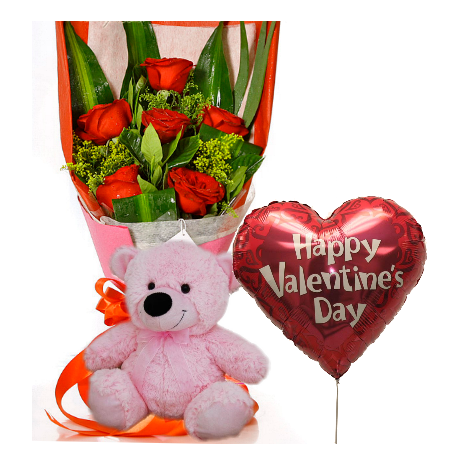 6 Red Roses,Pink Bear with Valentine BalloonTo Philippines