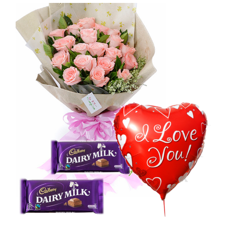 12 Pink Roses,Cadbury Dairy Milk.with Love U Balloon To Philippines