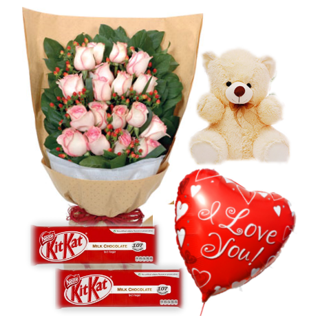 Roses Bouquet,Bear,KitKat Chocolate with Balloon Send To Philippines