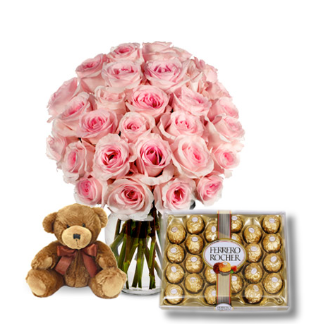Pink Rose vase,Ferrero Rocher chocolate box with mini Bear To Philippines