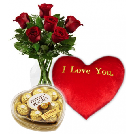 Red Roses,I love U Pillow with Ferrero Chocolate Send To Philippines
