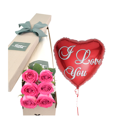 6 Pink Roses Box with I love U Balloon Send To Philippines