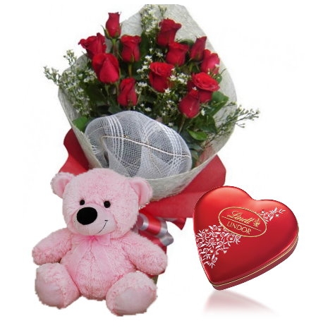 Red Rose bouquet,Pink Bear with Lindt Chocolate box To Philippines