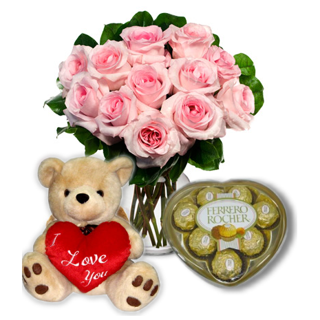Pink Rose vase,Ferrero rocher chocolate with Bear To Philippines